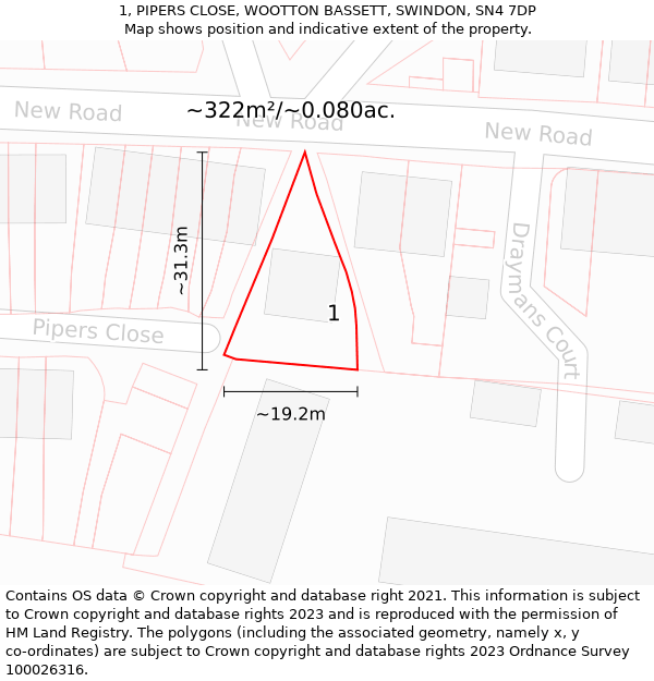 1, PIPERS CLOSE, WOOTTON BASSETT, SWINDON, SN4 7DP: Plot and title map