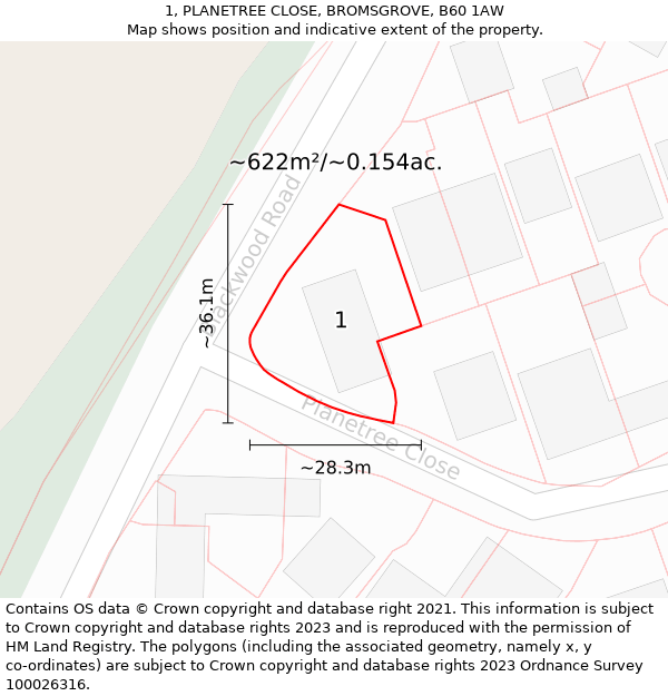 1, PLANETREE CLOSE, BROMSGROVE, B60 1AW: Plot and title map