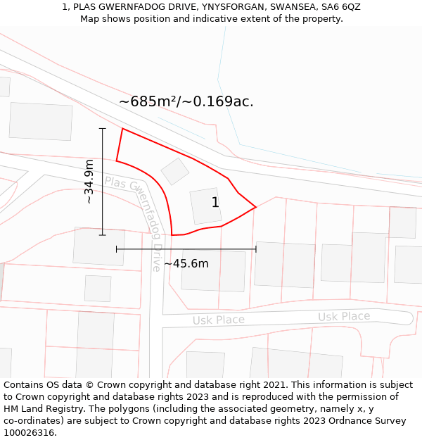 1, PLAS GWERNFADOG DRIVE, YNYSFORGAN, SWANSEA, SA6 6QZ: Plot and title map