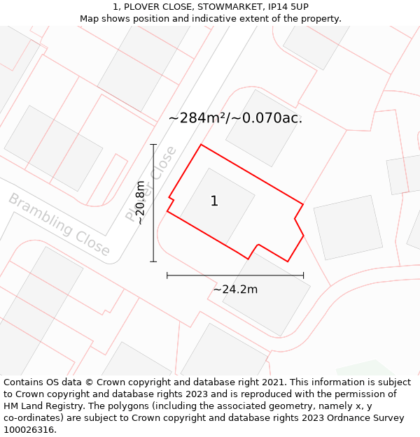 1, PLOVER CLOSE, STOWMARKET, IP14 5UP: Plot and title map