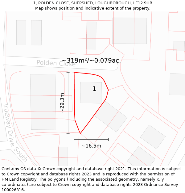 1, POLDEN CLOSE, SHEPSHED, LOUGHBOROUGH, LE12 9HB: Plot and title map