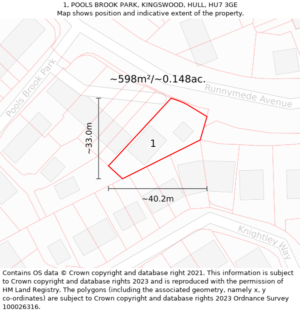 1, POOLS BROOK PARK, KINGSWOOD, HULL, HU7 3GE: Plot and title map