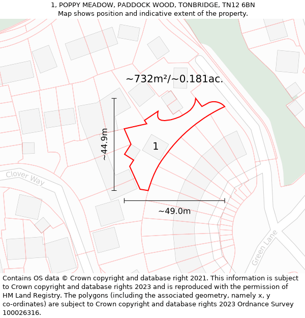 1, POPPY MEADOW, PADDOCK WOOD, TONBRIDGE, TN12 6BN: Plot and title map