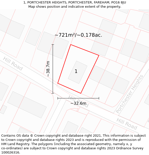 1, PORTCHESTER HEIGHTS, PORTCHESTER, FAREHAM, PO16 8JU: Plot and title map