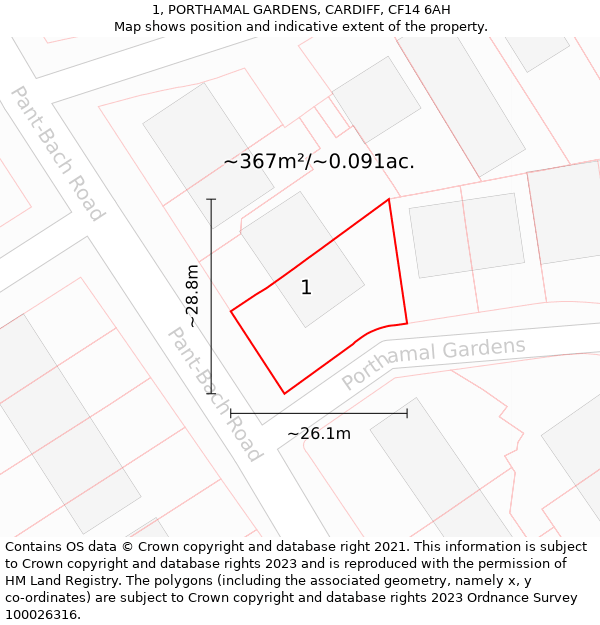 1, PORTHAMAL GARDENS, CARDIFF, CF14 6AH: Plot and title map