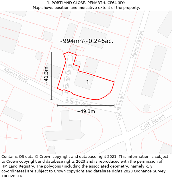 1, PORTLAND CLOSE, PENARTH, CF64 3DY: Plot and title map