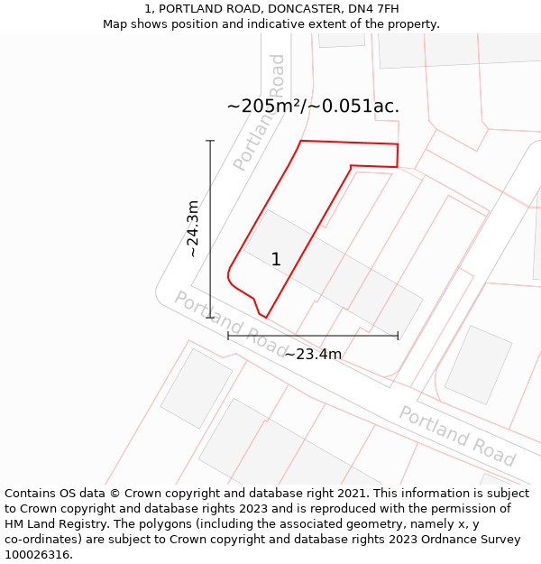 1, PORTLAND ROAD, DONCASTER, DN4 7FH: Plot and title map