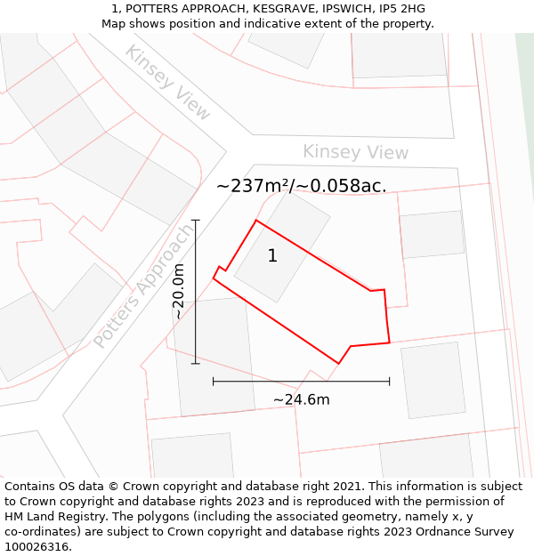 1, POTTERS APPROACH, KESGRAVE, IPSWICH, IP5 2HG: Plot and title map