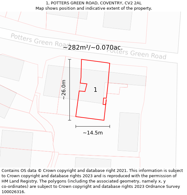 1, POTTERS GREEN ROAD, COVENTRY, CV2 2AL: Plot and title map