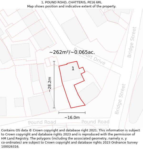 1, POUND ROAD, CHATTERIS, PE16 6RL: Plot and title map