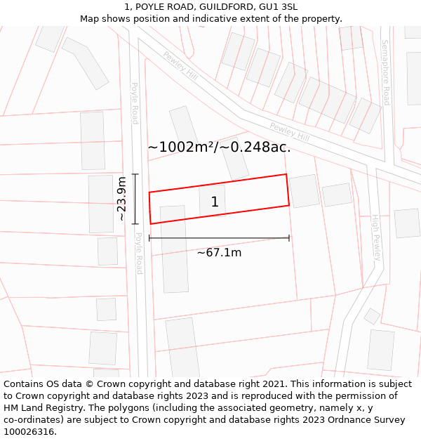 1, POYLE ROAD, GUILDFORD, GU1 3SL: Plot and title map