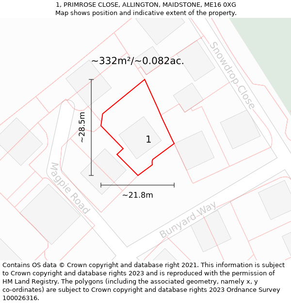 1, PRIMROSE CLOSE, ALLINGTON, MAIDSTONE, ME16 0XG: Plot and title map