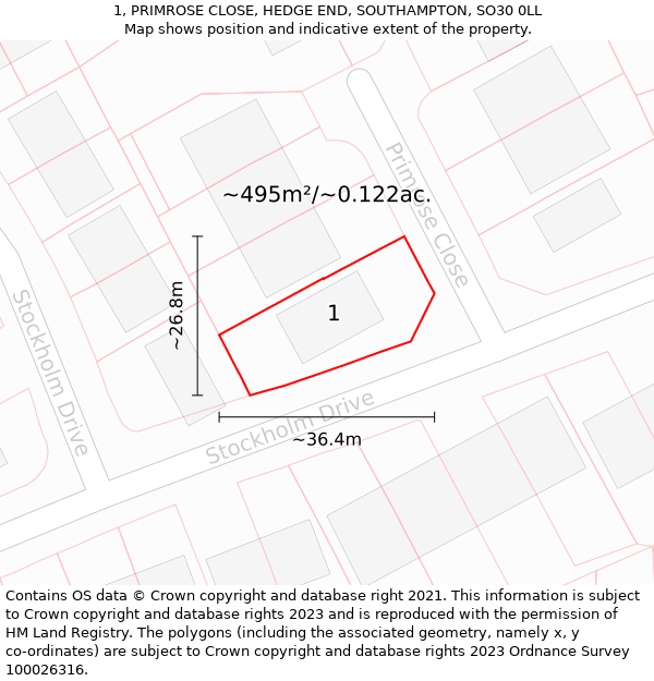 1, PRIMROSE CLOSE, HEDGE END, SOUTHAMPTON, SO30 0LL: Plot and title map