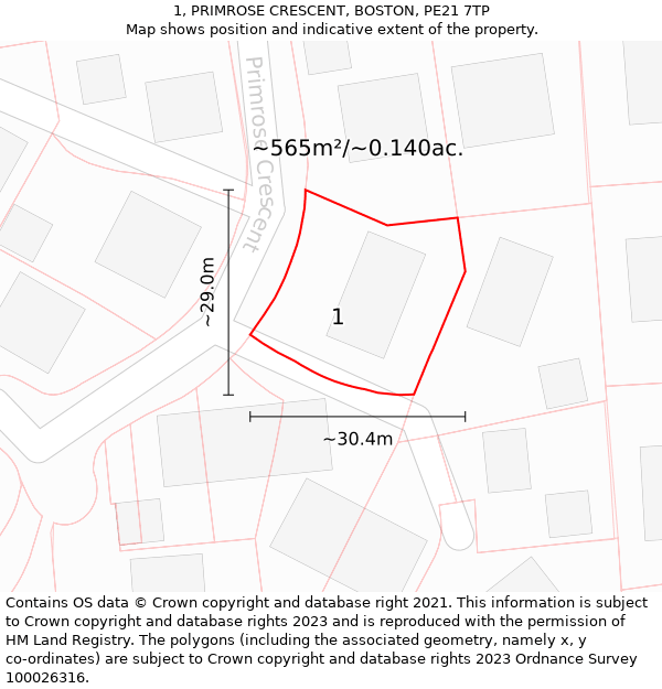 1, PRIMROSE CRESCENT, BOSTON, PE21 7TP: Plot and title map