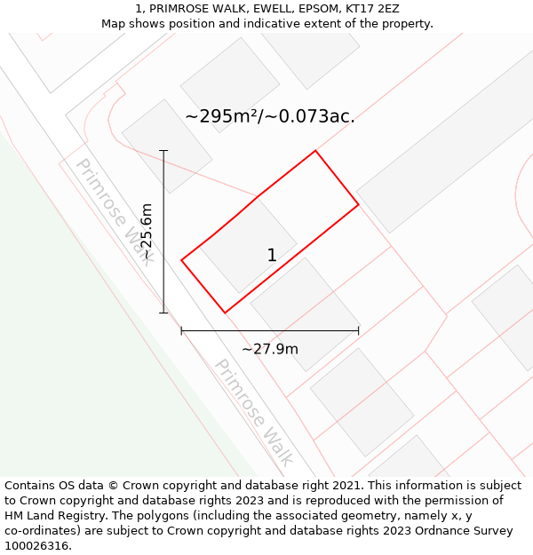 1, PRIMROSE WALK, EWELL, EPSOM, KT17 2EZ: Plot and title map