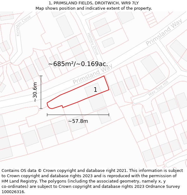 1, PRIMSLAND FIELDS, DROITWICH, WR9 7LY: Plot and title map