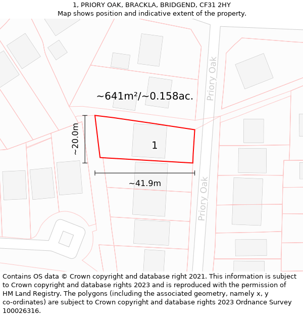 1, PRIORY OAK, BRACKLA, BRIDGEND, CF31 2HY: Plot and title map