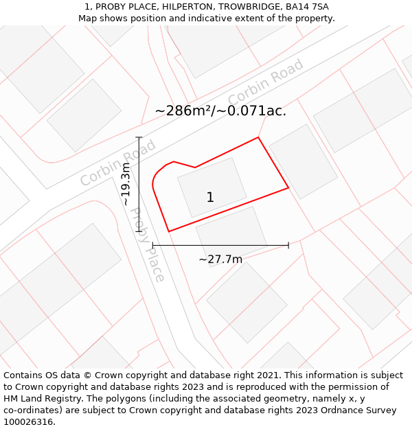 1, PROBY PLACE, HILPERTON, TROWBRIDGE, BA14 7SA: Plot and title map