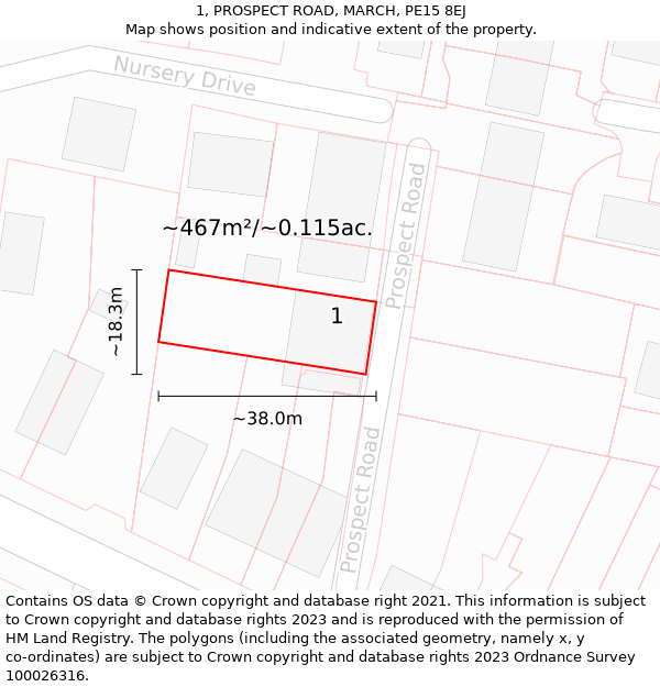 1, PROSPECT ROAD, MARCH, PE15 8EJ: Plot and title map