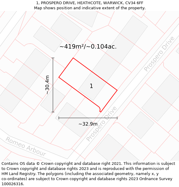 1, PROSPERO DRIVE, HEATHCOTE, WARWICK, CV34 6FF: Plot and title map