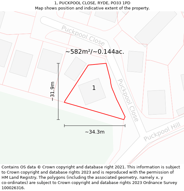 1, PUCKPOOL CLOSE, RYDE, PO33 1PD: Plot and title map