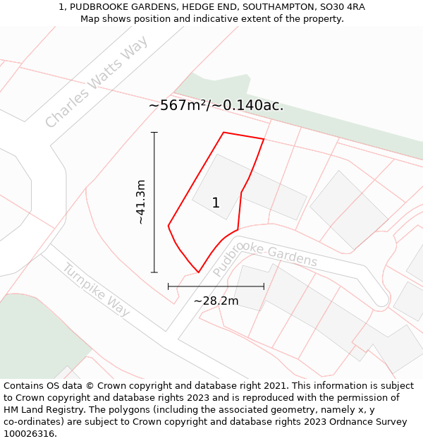 1, PUDBROOKE GARDENS, HEDGE END, SOUTHAMPTON, SO30 4RA: Plot and title map