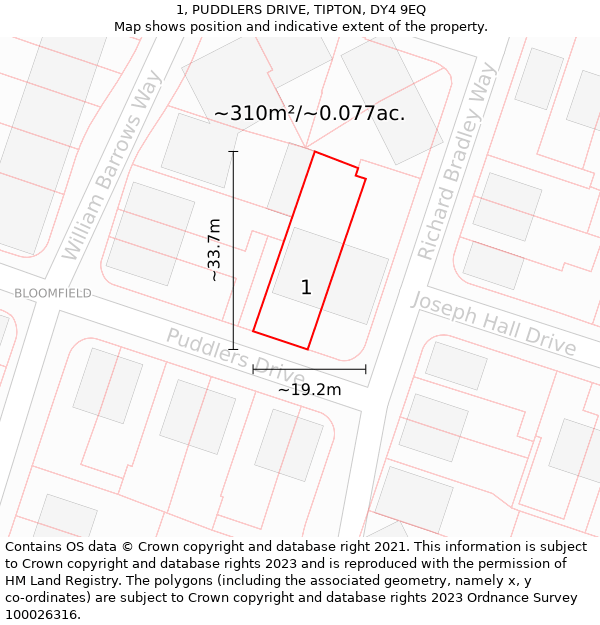 1, PUDDLERS DRIVE, TIPTON, DY4 9EQ: Plot and title map