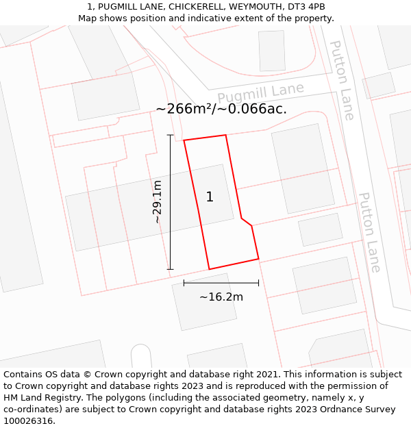 1, PUGMILL LANE, CHICKERELL, WEYMOUTH, DT3 4PB: Plot and title map