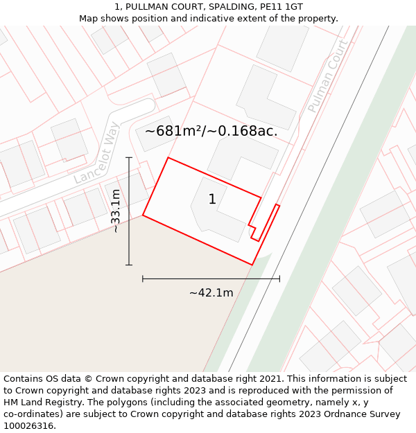 1, PULLMAN COURT, SPALDING, PE11 1GT: Plot and title map