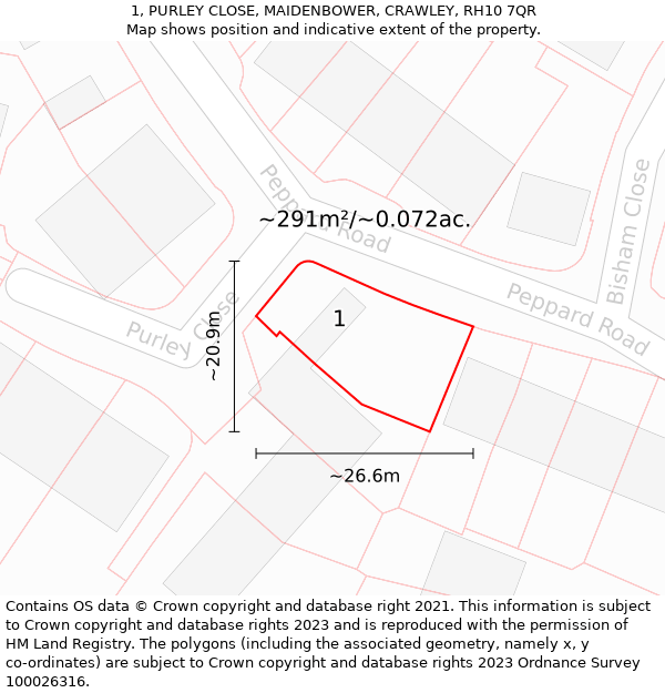 1, PURLEY CLOSE, MAIDENBOWER, CRAWLEY, RH10 7QR: Plot and title map