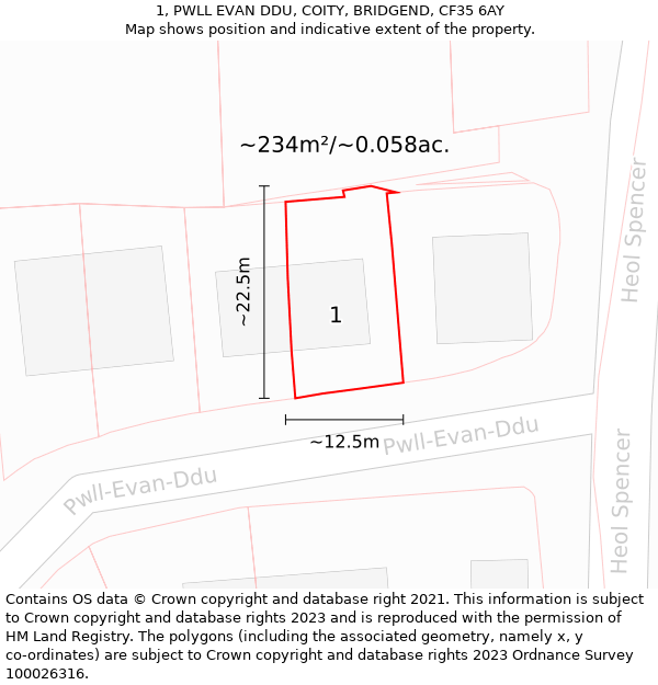 1, PWLL EVAN DDU, COITY, BRIDGEND, CF35 6AY: Plot and title map