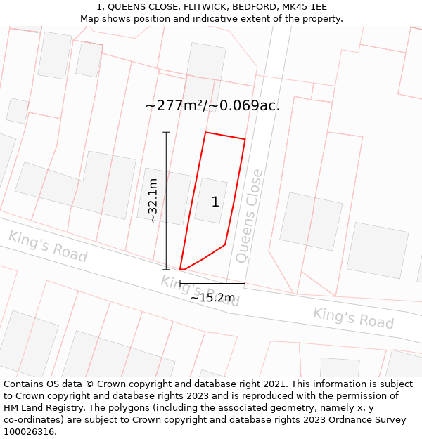 1, QUEENS CLOSE, FLITWICK, BEDFORD, MK45 1EE: Plot and title map