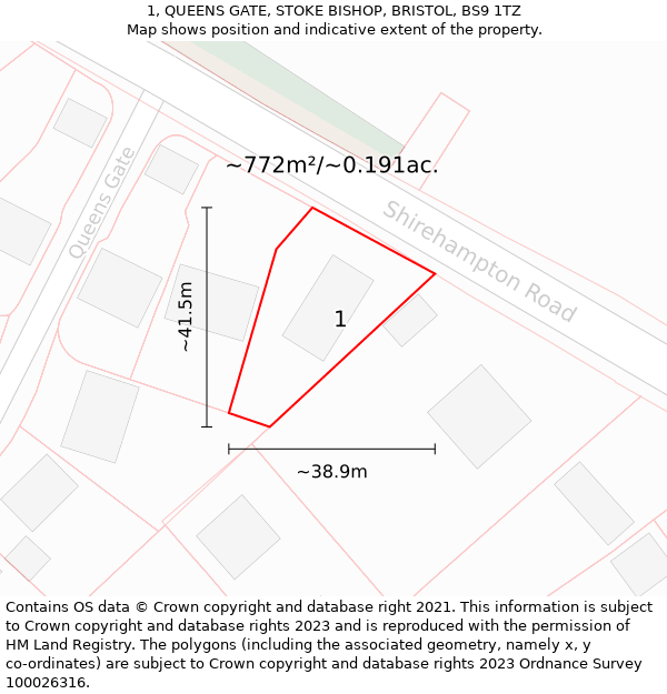 1, QUEENS GATE, STOKE BISHOP, BRISTOL, BS9 1TZ: Plot and title map