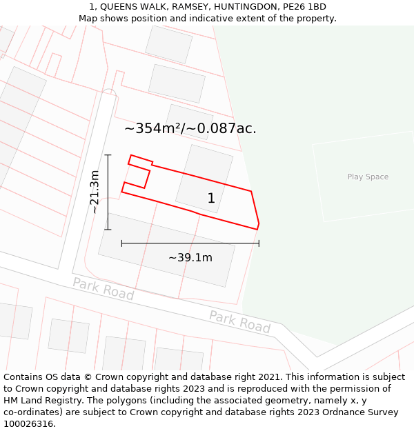 1, QUEENS WALK, RAMSEY, HUNTINGDON, PE26 1BD: Plot and title map