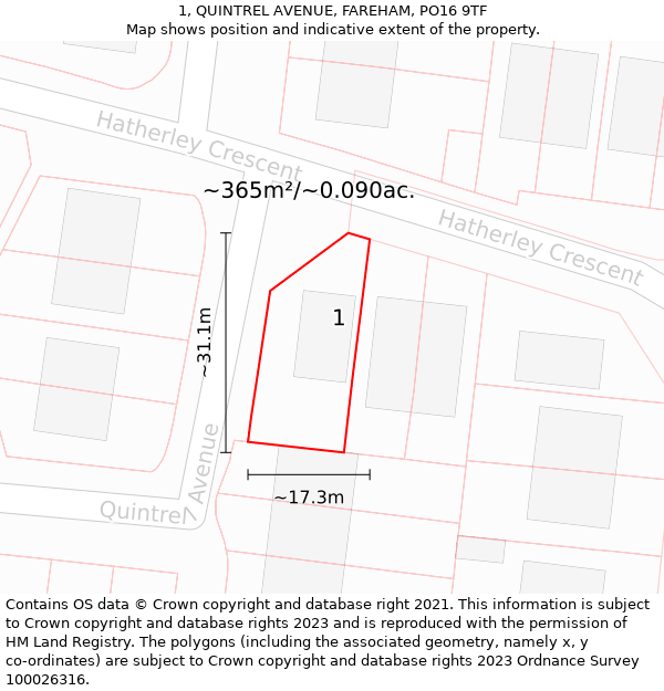 1, QUINTREL AVENUE, FAREHAM, PO16 9TF: Plot and title map