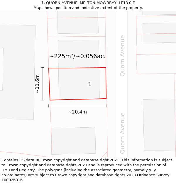 1, QUORN AVENUE, MELTON MOWBRAY, LE13 0JE: Plot and title map