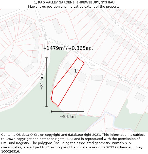 1, RAD VALLEY GARDENS, SHREWSBURY, SY3 8AU: Plot and title map