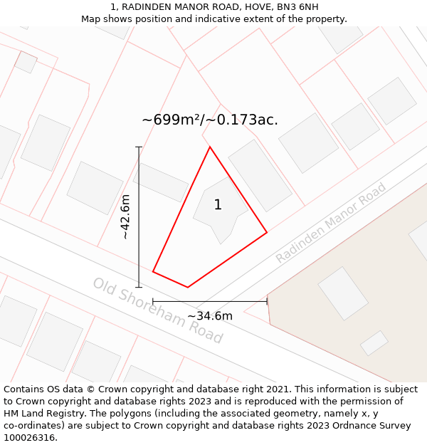 1, RADINDEN MANOR ROAD, HOVE, BN3 6NH: Plot and title map