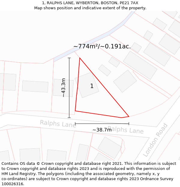 1, RALPHS LANE, WYBERTON, BOSTON, PE21 7AX: Plot and title map