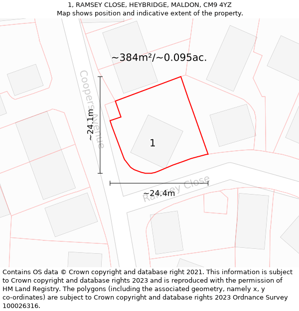 1, RAMSEY CLOSE, HEYBRIDGE, MALDON, CM9 4YZ: Plot and title map