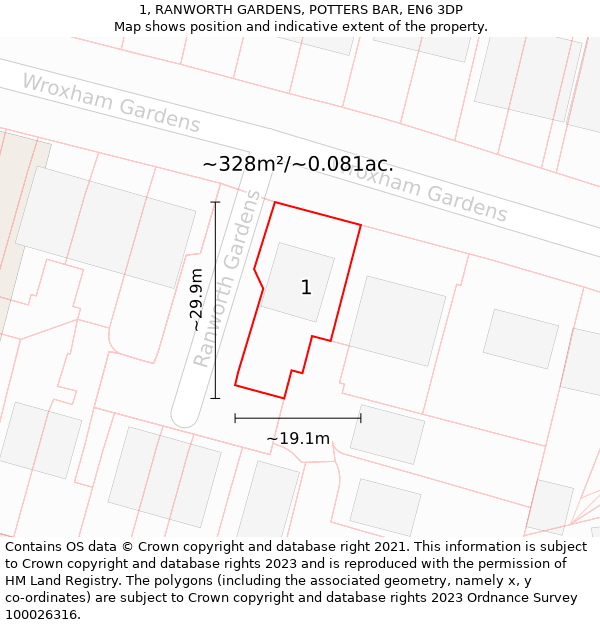 1, RANWORTH GARDENS, POTTERS BAR, EN6 3DP: Plot and title map