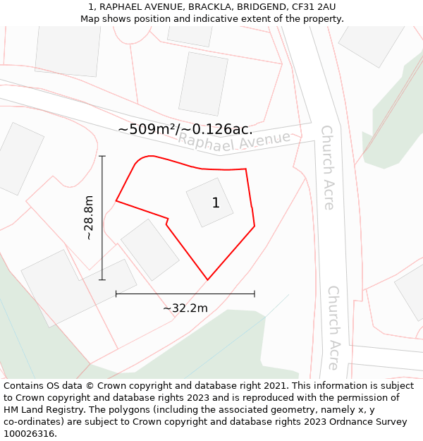 1, RAPHAEL AVENUE, BRACKLA, BRIDGEND, CF31 2AU: Plot and title map