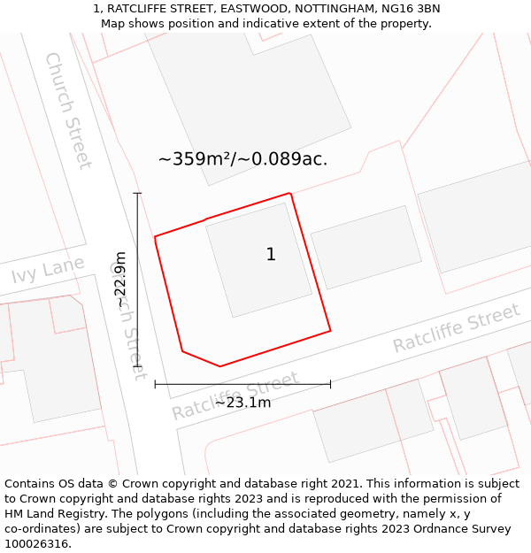 1, RATCLIFFE STREET, EASTWOOD, NOTTINGHAM, NG16 3BN: Plot and title map