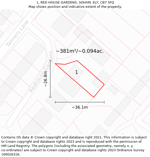 1, RED HOUSE GARDENS, SOHAM, ELY, CB7 5FQ: Plot and title map