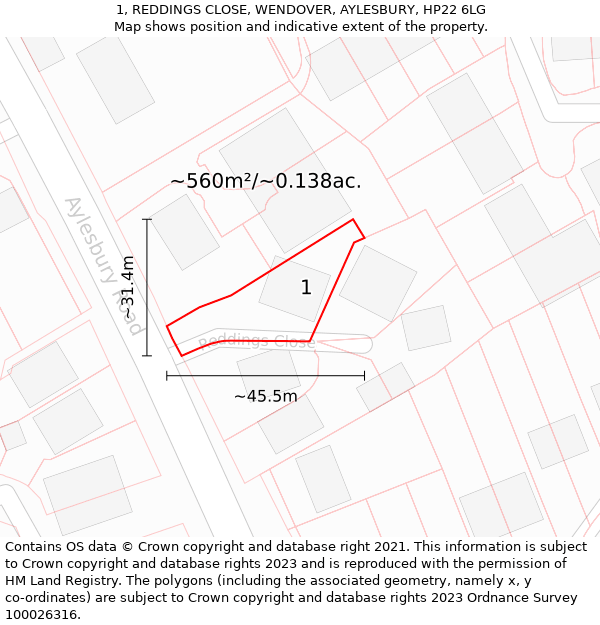 1, REDDINGS CLOSE, WENDOVER, AYLESBURY, HP22 6LG: Plot and title map