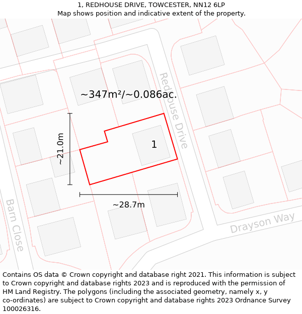 1, REDHOUSE DRIVE, TOWCESTER, NN12 6LP: Plot and title map