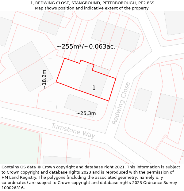 1, REDWING CLOSE, STANGROUND, PETERBOROUGH, PE2 8SS: Plot and title map