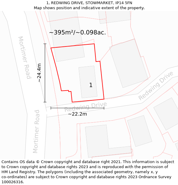 1, REDWING DRIVE, STOWMARKET, IP14 5FN: Plot and title map