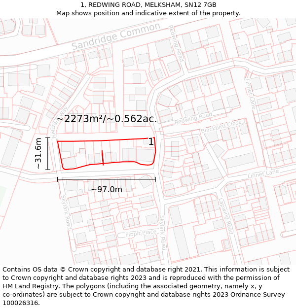 1, REDWING ROAD, MELKSHAM, SN12 7GB: Plot and title map
