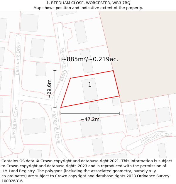 1, REEDHAM CLOSE, WORCESTER, WR3 7BQ: Plot and title map